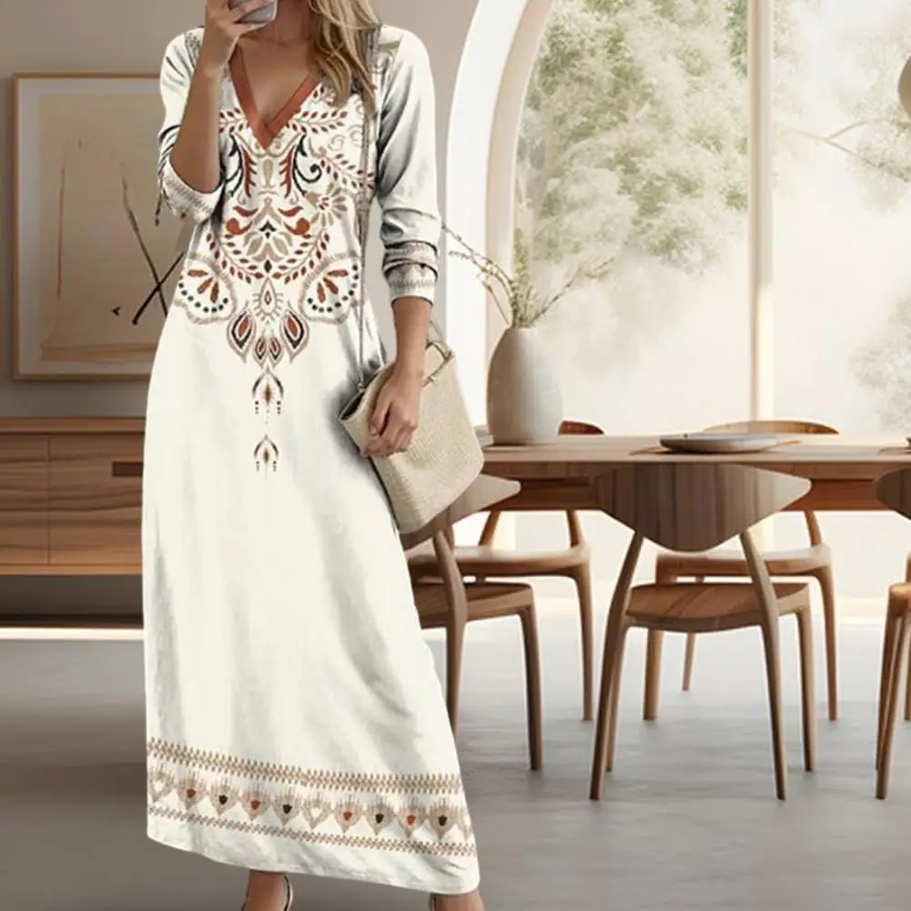 Women Spring Dress Ethnic Style Print V Neck Long Sleeve Bohemian Loose A-line Pullover Soft Breathable Ankle Length Daily Maxi