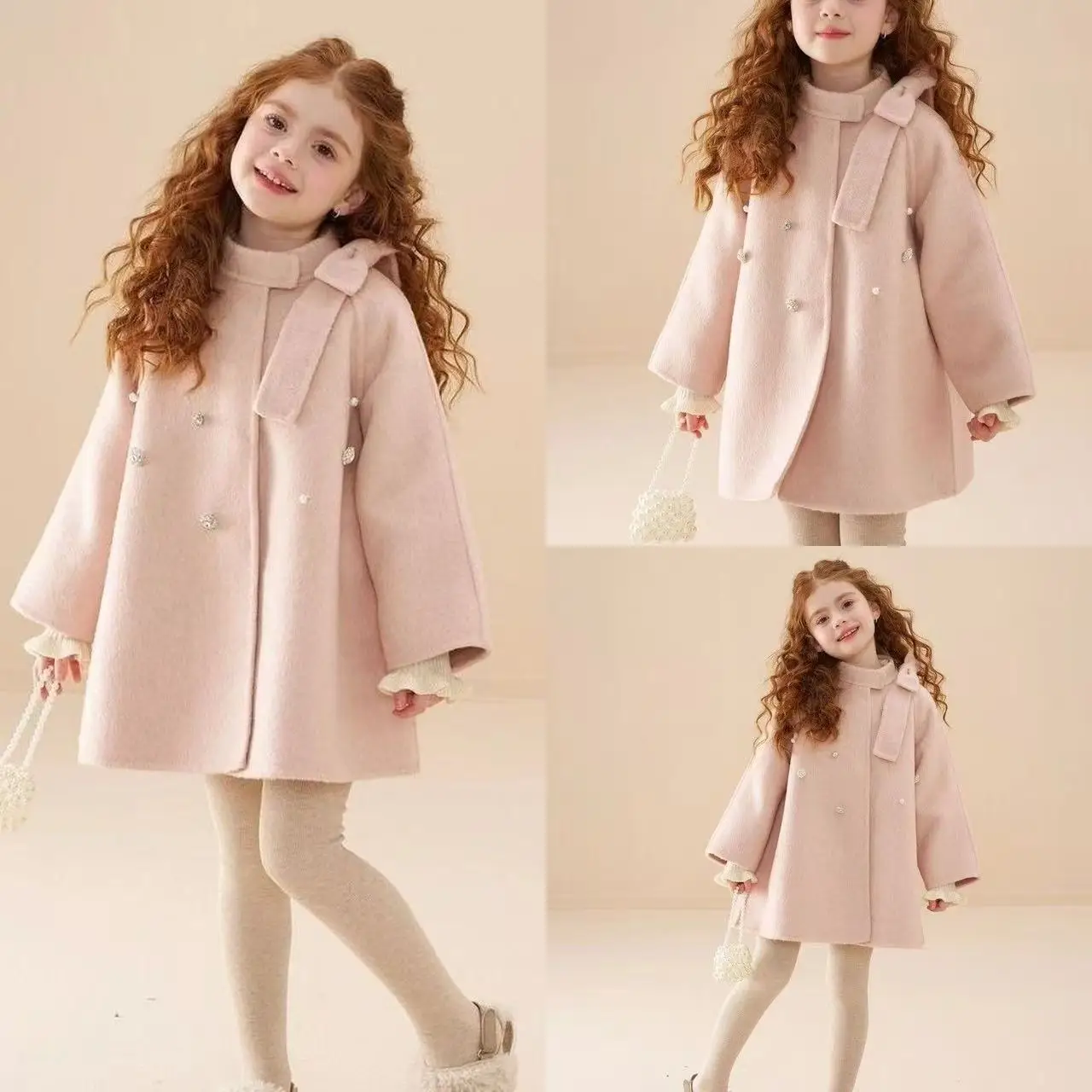Spring and Autumn New Order Diamond Pink Double Sided Woolen Coat for Children, Sweet Girls, Double Sided Woolen Coat