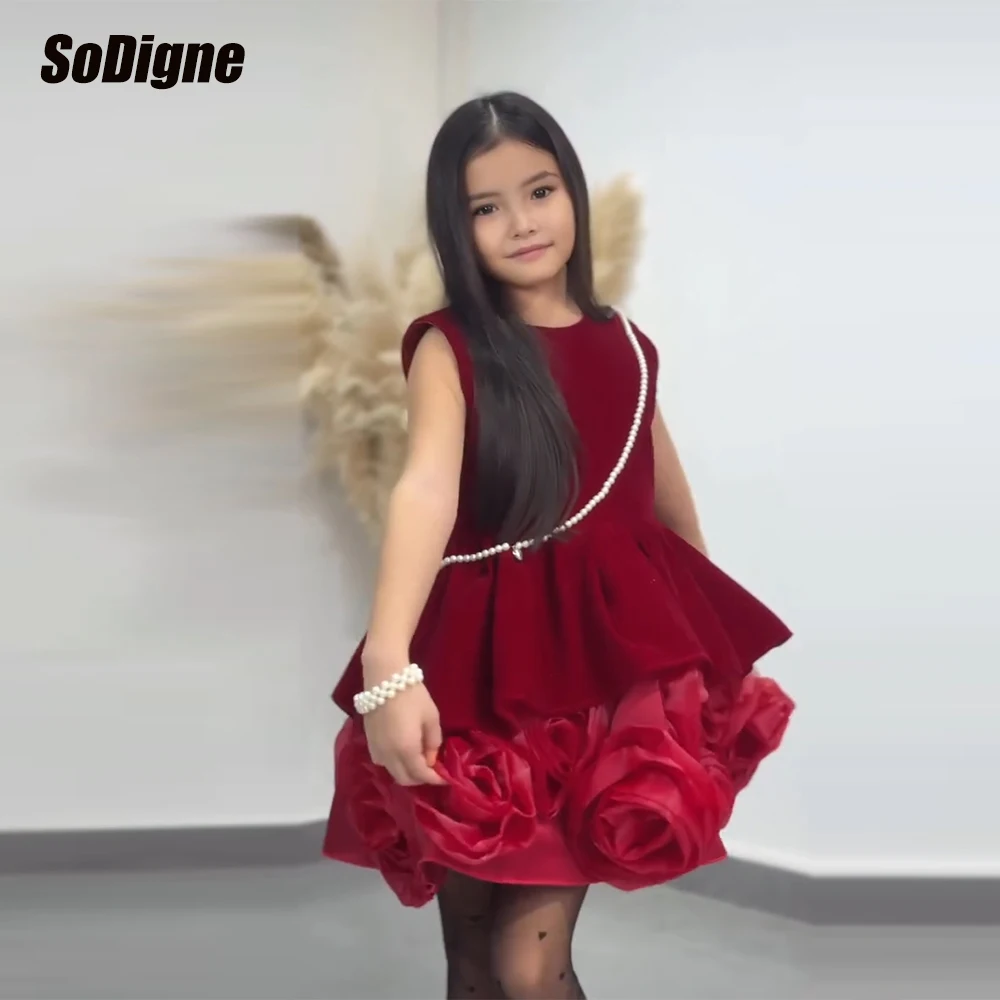 

SoDigne трапециевидное бархатное/органза короткое платье с цветочным узором для девочек с круглым вырезом без рукавов юбка для девочек праздничные платья детское платье на день рождения по индивидуальному заказу