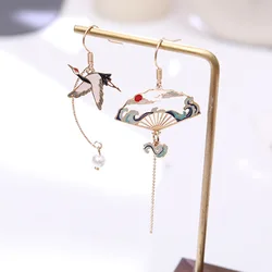 Retro Chinese Style Folding Fan Crane Carp Lotus Asymmetrical Long Tassel Dangle National Style Earrings for Women Jewelry Gift