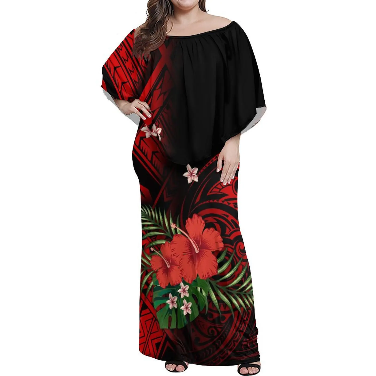 One-Line Shoulder Cape Dress Puletassi Polynesian Set Group Full Skirt Quality Fabric Custom Floral Pattern Women's Dress 2024