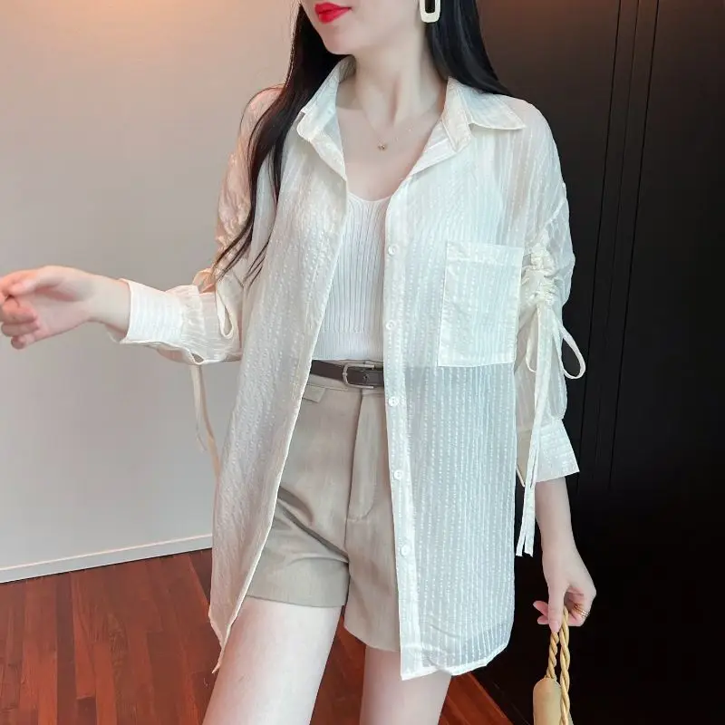 Women Summer Simplicity Loose Sunscreen Elegant Striped Solid Color Polo-Neck Long Sleeve Shirts Ladies Casual All-match Tops