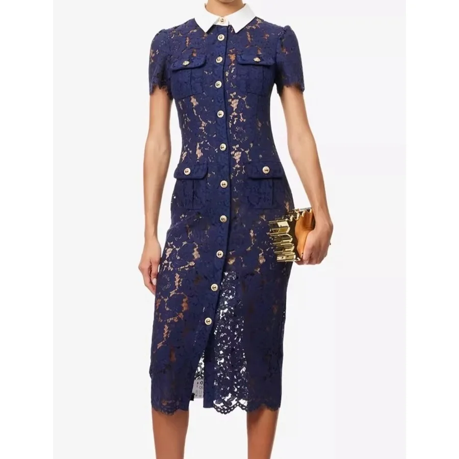 

New Women's Lace Hollow Out Fashion Eleagnt lapel Short Sleeved Single Breasted Slim Waist Summer Dress Office Lady Dress