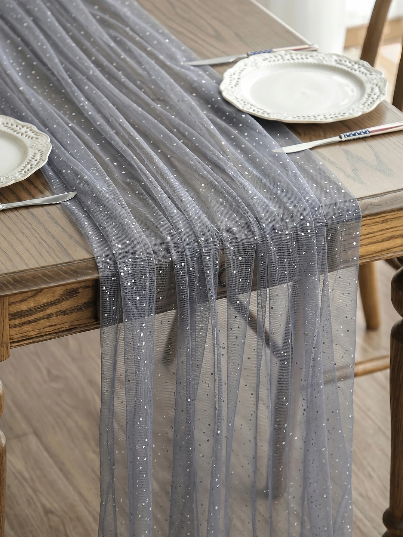 1 Piece 72×300cm, Grey Mesh with Sequins Table Runner, Christmas, Halloween Decorations, Wedding, Kitchen, Home Decorations