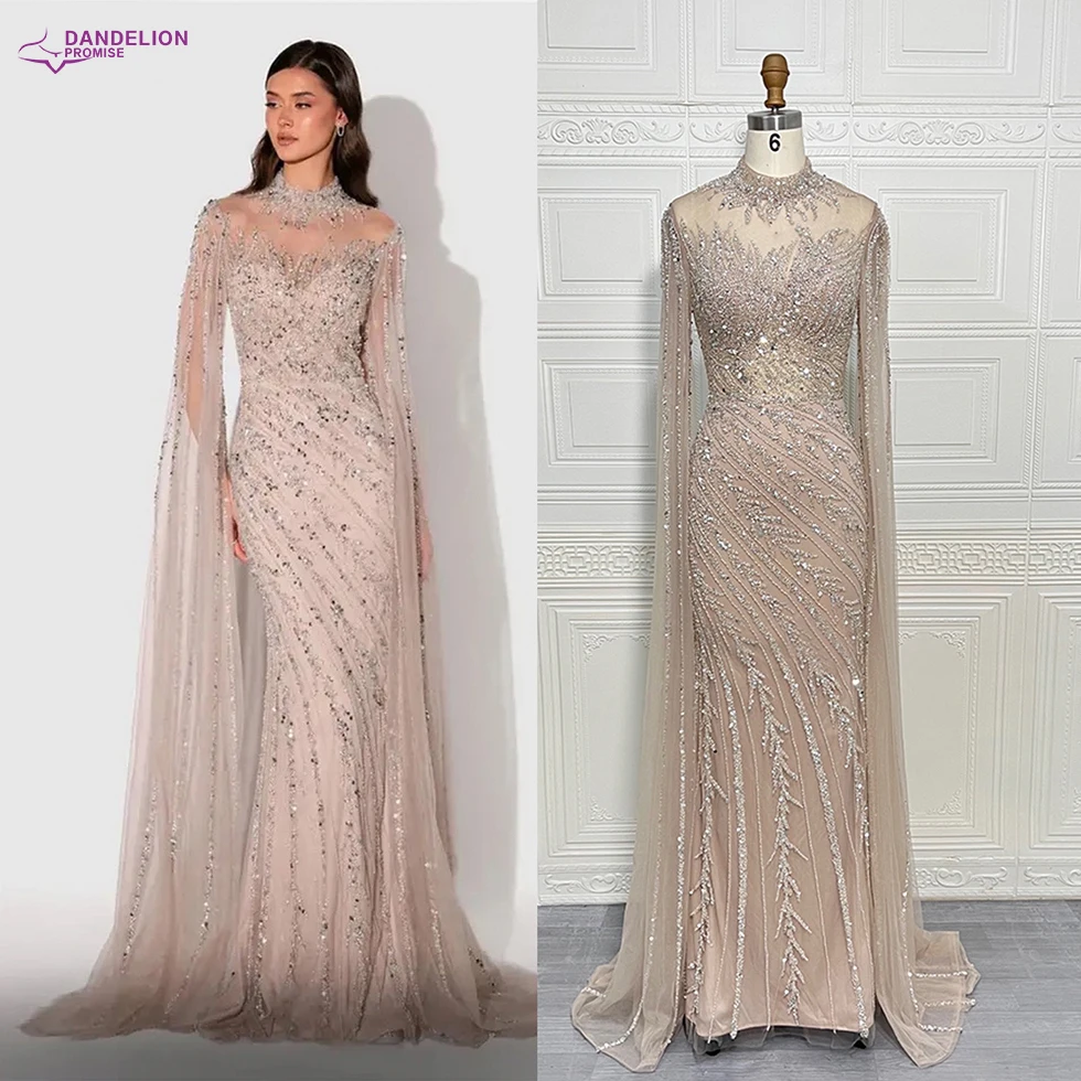 Luxus Saudi-Arabien Meerjungfrau Perlen Cape Ärmel High-Neck Abendkleider 2024 Dubai Party Kleider für Frauen Hochzeit