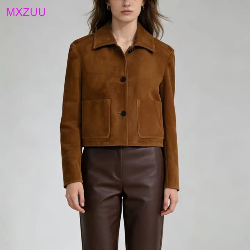 Women's Real Suede Leather Jacket Spring High Quality Casual Lapel Single Breasted Vintage Camel Kid Suede Coat Outerwear Female