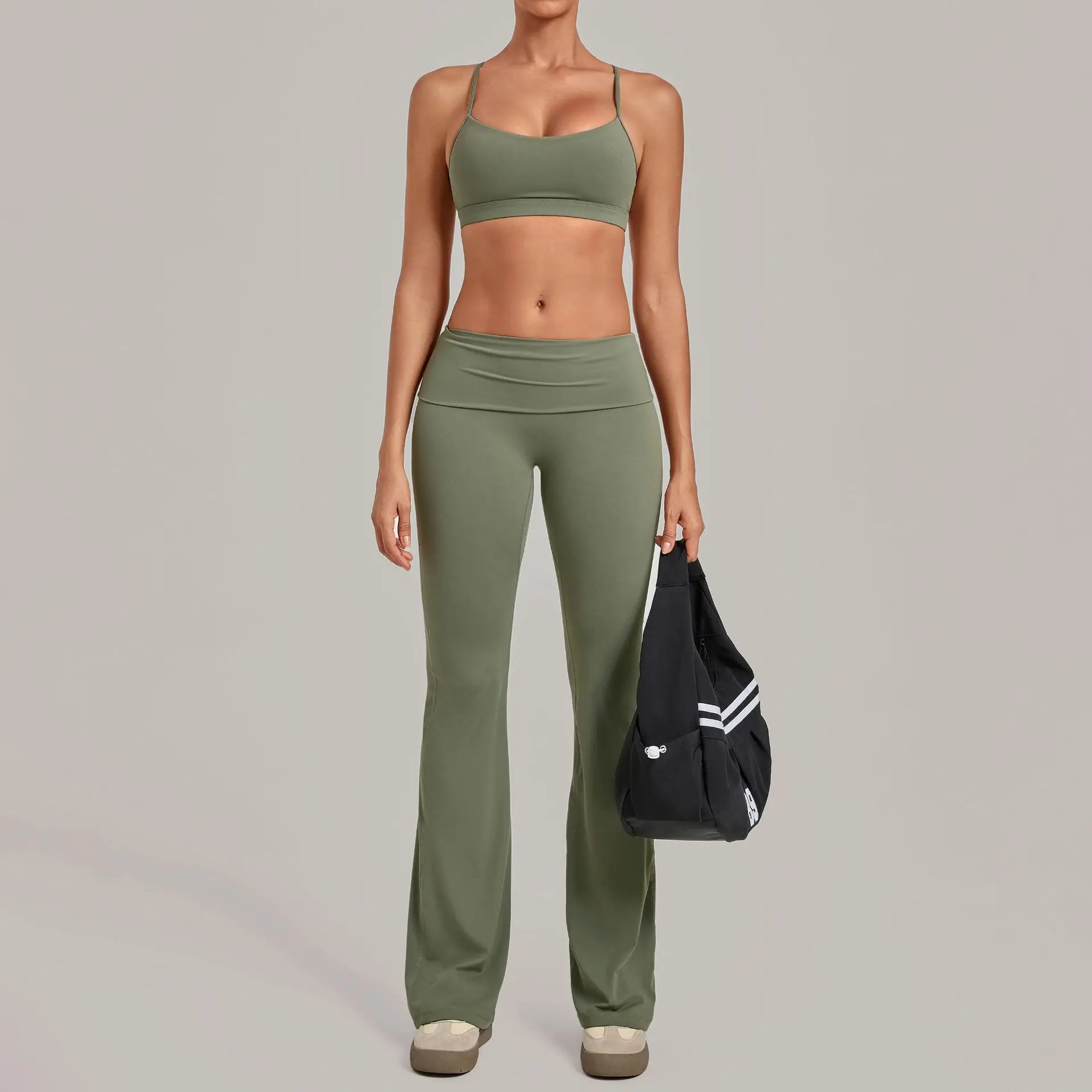 Yoga Outfit Fitness Set Women Tracksuit 2 Piece Cross Back Bra Fold Waist Flare Pants Gym Clothing Workout Running Sportswear