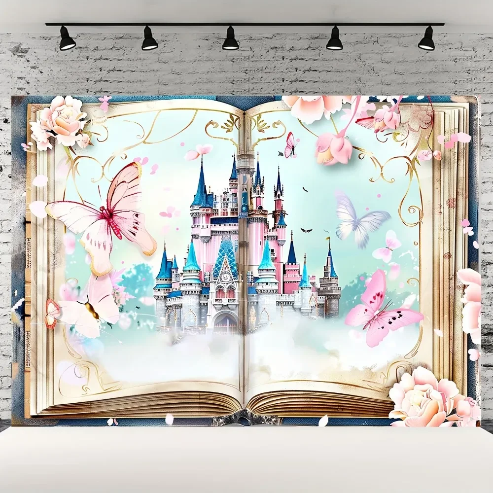 Charming fairytale castle and floral butterfly photography background - Princess birthday, wedding and party decoration