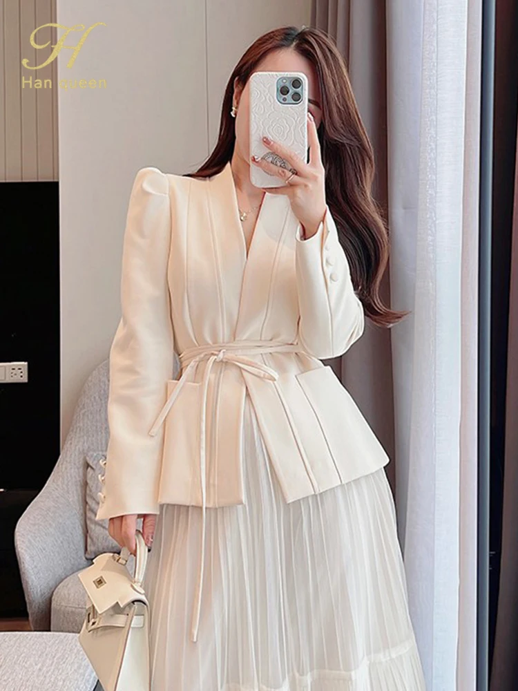 2024 Autumn New Skirt Suit Women Elegant Korean Lace-Up Fashion Blazer + Long Mesh Skirt Casual Evening Party 2-Piece Set