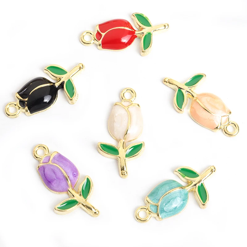 10pcs Elegant Enamel Tulip Charm Fashion Aesthetic Flower Plant Pendant Necklace Bracelet Earring DIY Jewelry Making Accessories