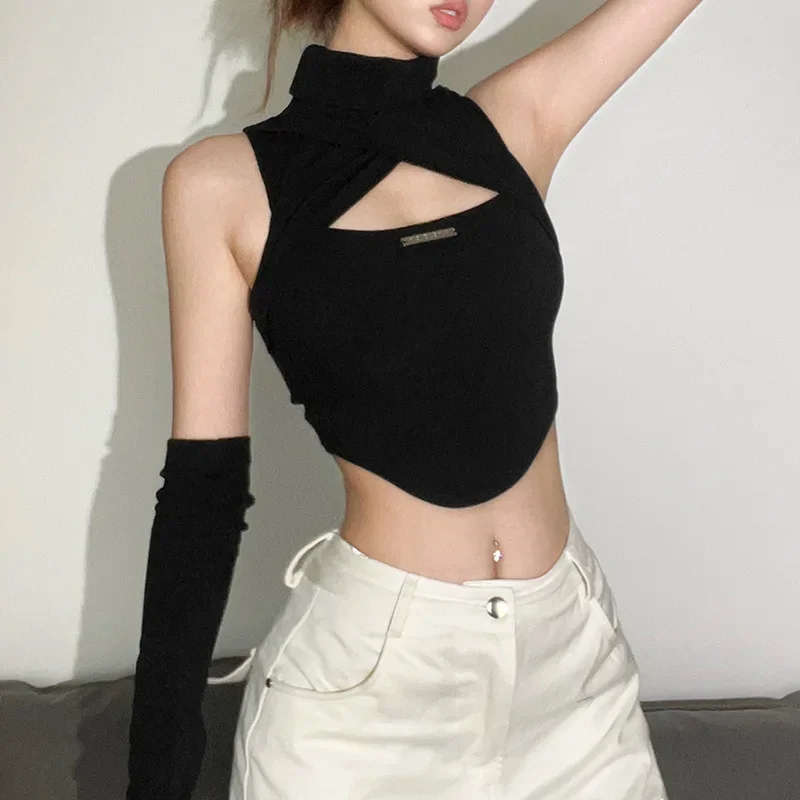 2025 New Vintage Sleeveless Tank Slim Y2k Tops Women Hollow Out Corset Rave Outfits Turtleneck Cami Verano Cuff Ropa De Mujer