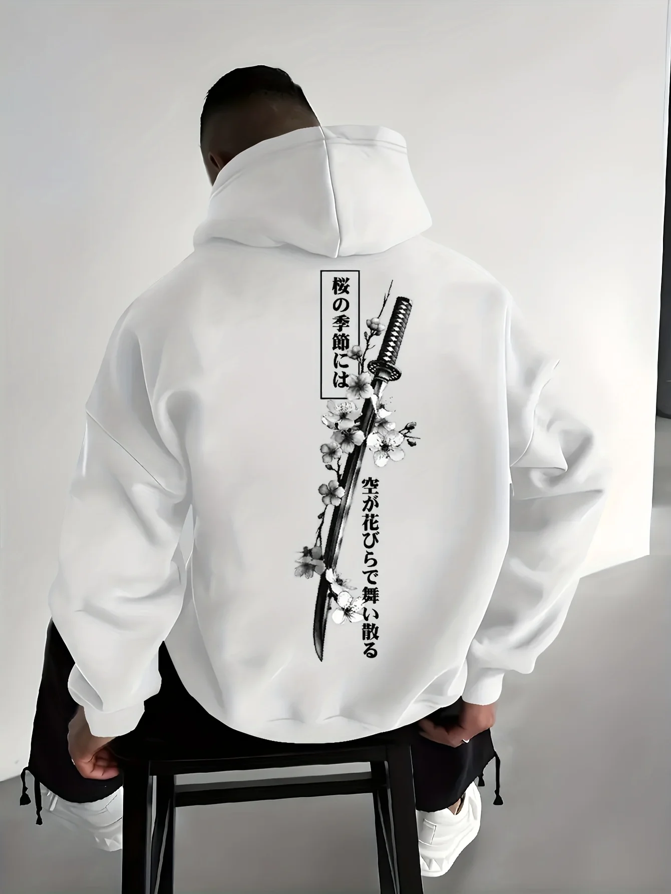 Retro Japanese Samurai Sword Cherry Blossom Print Hoodie - Men's Autumn/Winter Warmth Street Cool Trendy Casual Daily Hoodie.