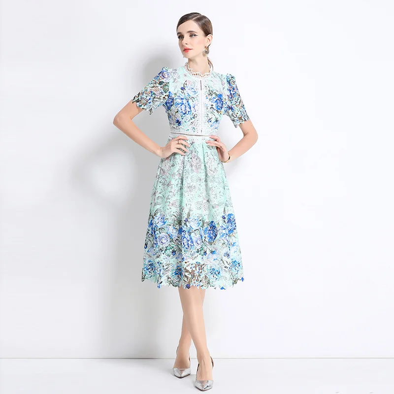 Elegantes formelles Kleid mit Ausschnitt, wasserlösliches Spitzenkleid für Damen, kleiner Stehkragen, kurze Ärmel, Blumendruck, schicke Akzente, Dress2025