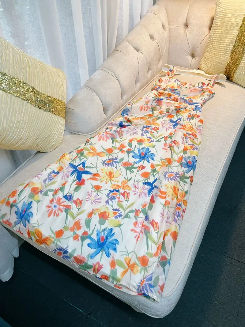 Vacay Stripe Print Cinched Waist Chiffon Floral-Embroidered Strapl Maxi Dr for Women Summer 2024 High-Waisted Fi Sc