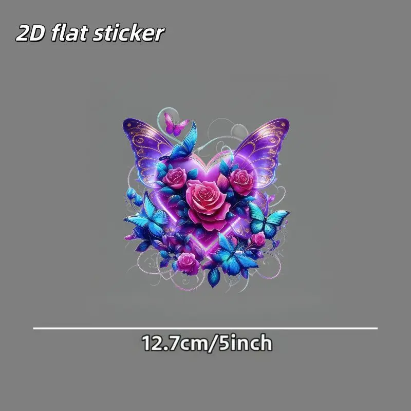 1Pc 2D Flat Purple Heart with Blue Butterflies & Pink Roses Vinyl Sticker, Waterproof Durable Decal for Car Window & Body