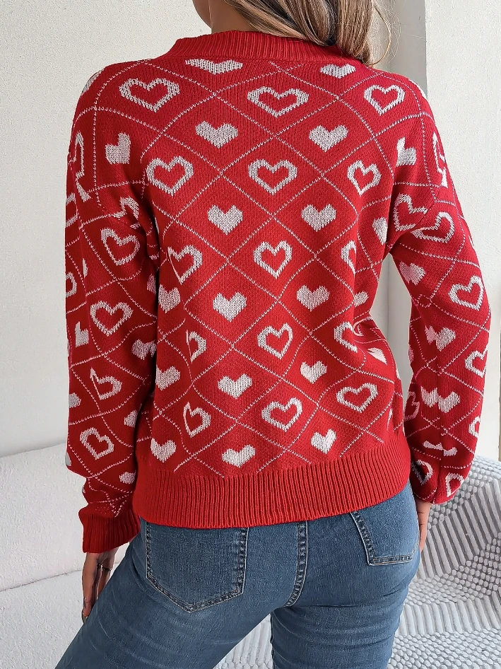 Korean women's sweater heart-shaped loose knit V-neck long sleeved women's pullover street fashion women's casual knit sweater