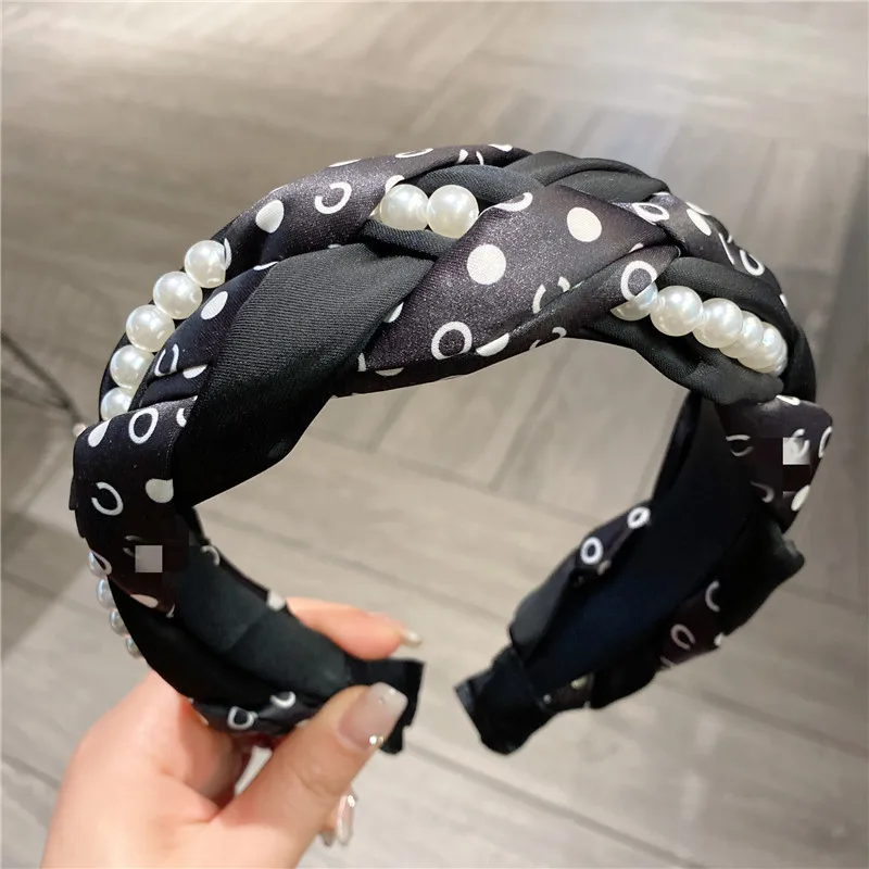 Fashion Wide Fabric Dot Pearl Braid Thick Hairband Women\'s Girls Head Band Hair Hoop Hair Accessories Makeup Headwear Headdress