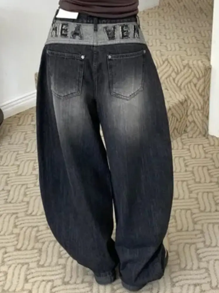 

Street Sle High Waist Wide Leg Jeans Retro Waed out Letters Contrast Color Slimming Denim Pants for Women Summer 2025