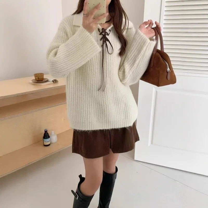

Korean Version Lace Up Lapel Simple Temperament Knitted Sweater Women's Autumn and Winter New Loose Lazy Pullover