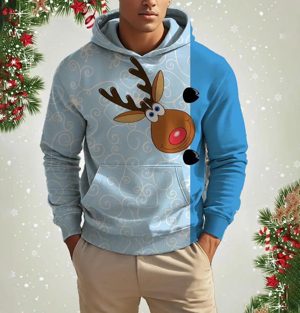 Christmas Elk Print Men's Hoodies & Sweatshirts Autumn Winter Casual New Year Clothing Fashion Loose Hooded Pullover X'mas Tops