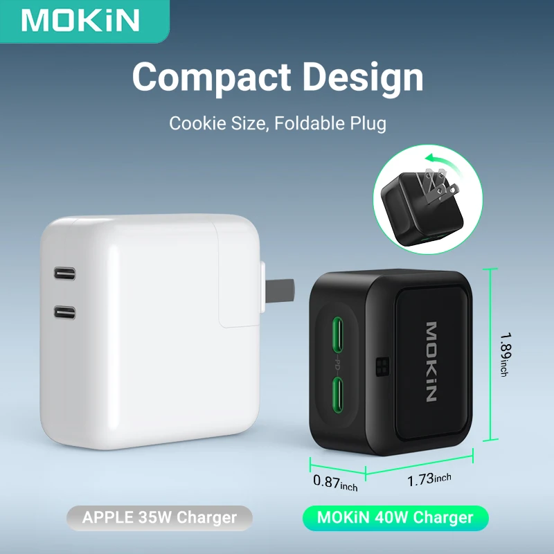 Imagem -02 - Mokn-adaptador de Carregador Rápido Portas Tipo-c Carregador de Parede pd Adaptador de Energia Dobrável Usb c 40w para 14 Plus Pro Galaxy Macbook