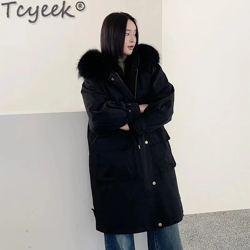 Parka Tcyeek Women Winter Rex Rabbit Liner Coat 2024 Fashion Long Jacket Female Clothing Raccoon Dog Fur Collar Detachable