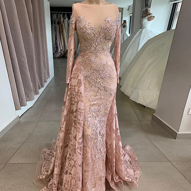 2022 Luxe Kant Mermaid Prom Dresses Lange Mouwen Sheer Hals Formele Avondjurken Prom Jurken Voor Meisjes Robe De Soiree