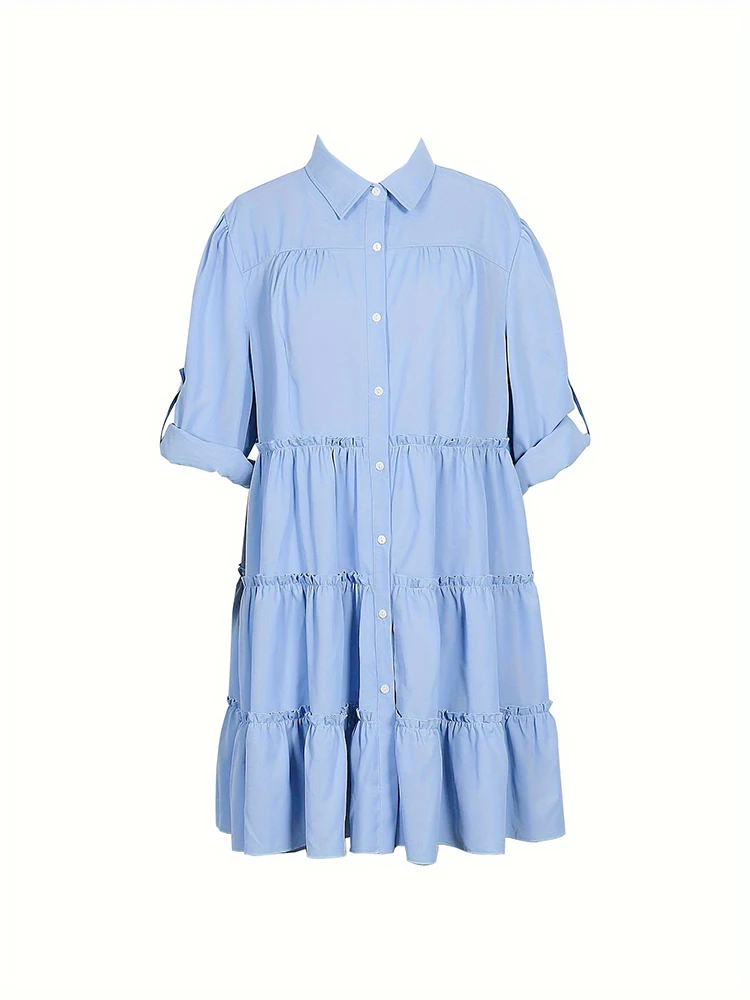 Plus Size 2024 Spring and Summer New Women's Loose Casual Button Dress Flip Lapel Pleated Dresses