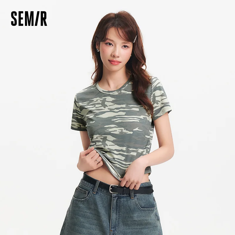 Semir Women Camouflage Cropped T-Shirt Petite Slim Fit 2025 Summer Retro Street Style