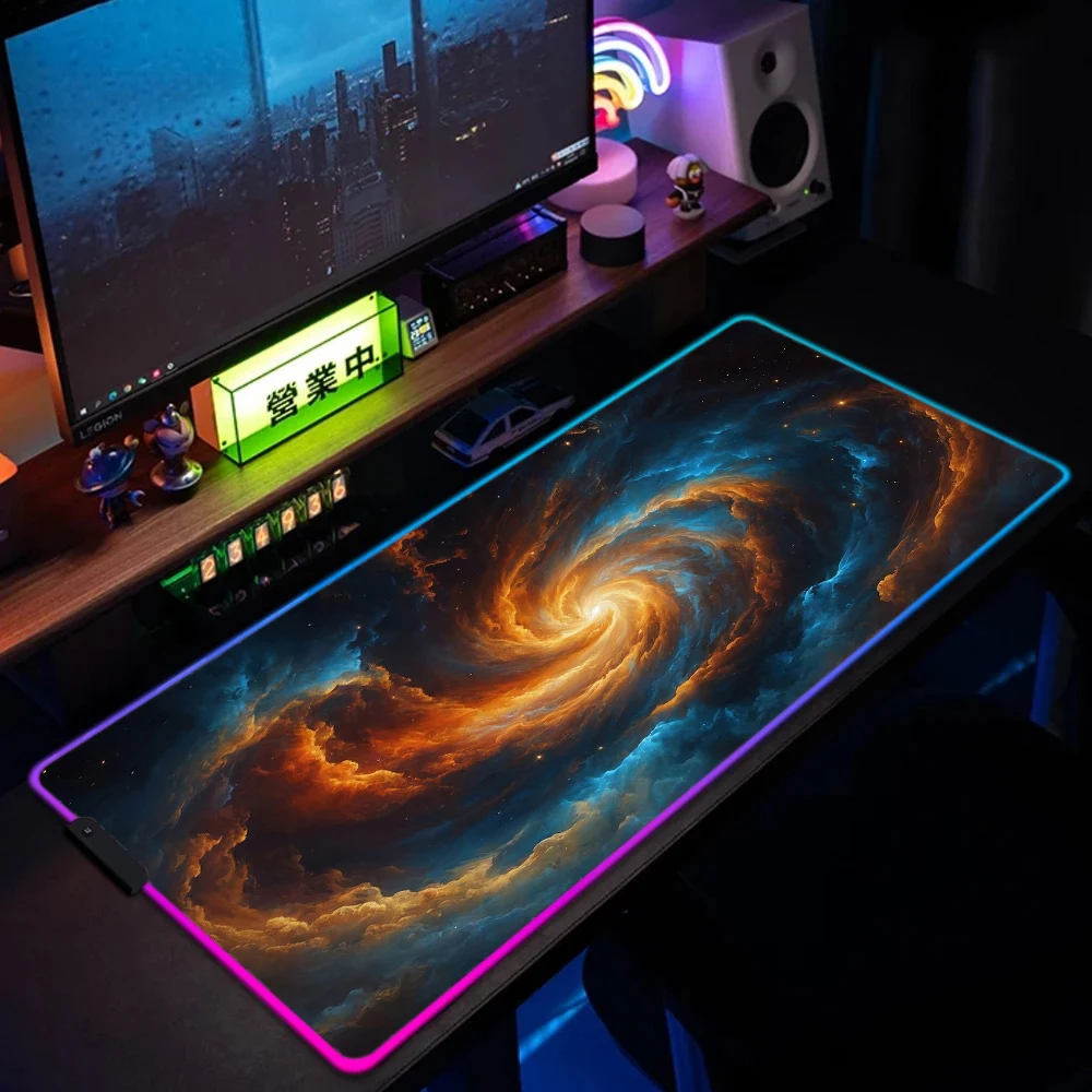 

XXL RGB игровой коврик для мыши с космической тематикой, резиновый противоскользящий настольный коврик, аксессуары для геймеров, большой светодиодный коврик для ПК, компьютера с подсветкой