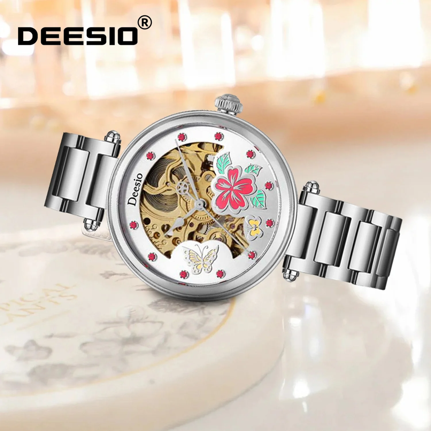Deesio Skeleton Butterfly Dial Stainless Steel Ladies Mechanical Watch 5ATM Water Resistant Dress Wristwatch Elegant Gift