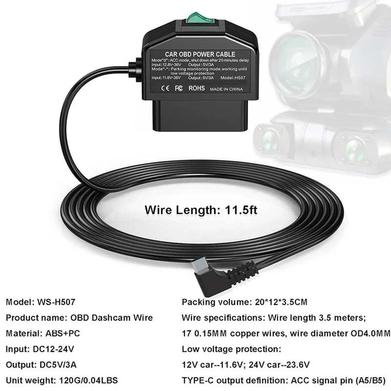 

Комплект жесткого провода Pop Dash Cam OBD, комплект жесткого провода USB Type C для камеры OBD с кабелем питания для видеорегистратора 12-24 В до 5 В/3 А