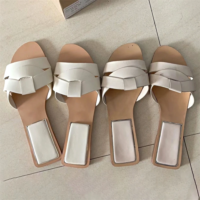 TRAF White Upper Flat Slipper For Woman New Round Head Open Toe Indoor Leisure Shoes Summer Women Comfortable Slipper Sandals