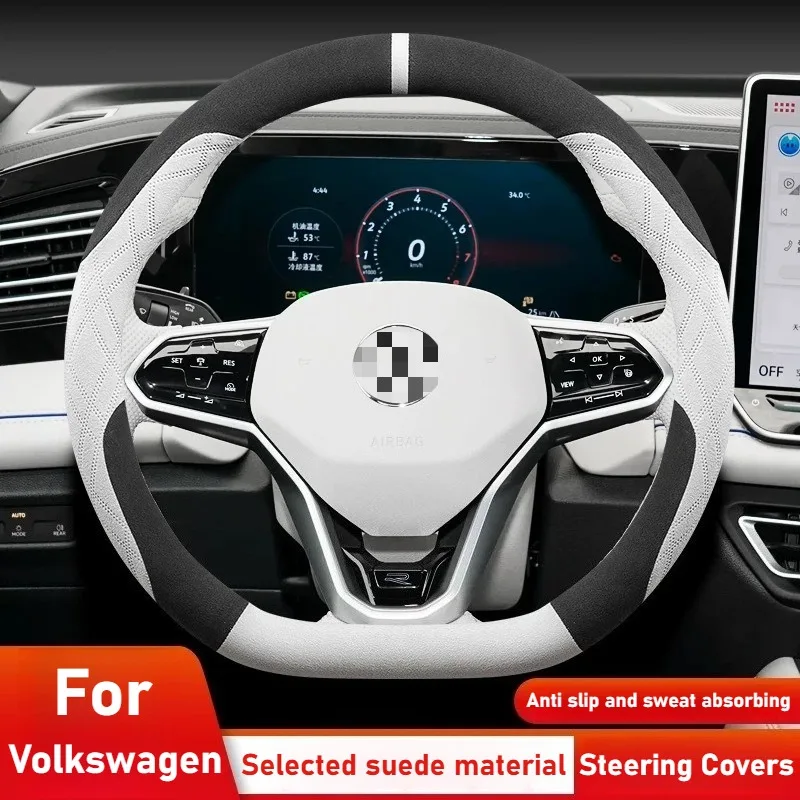 

Suede Leather Car Steering Wheel Cover for Volkswagen T-ROC Taigo Touareg Atlas Taos T-Cross 2018-2024 2025 2026 Car Accessories