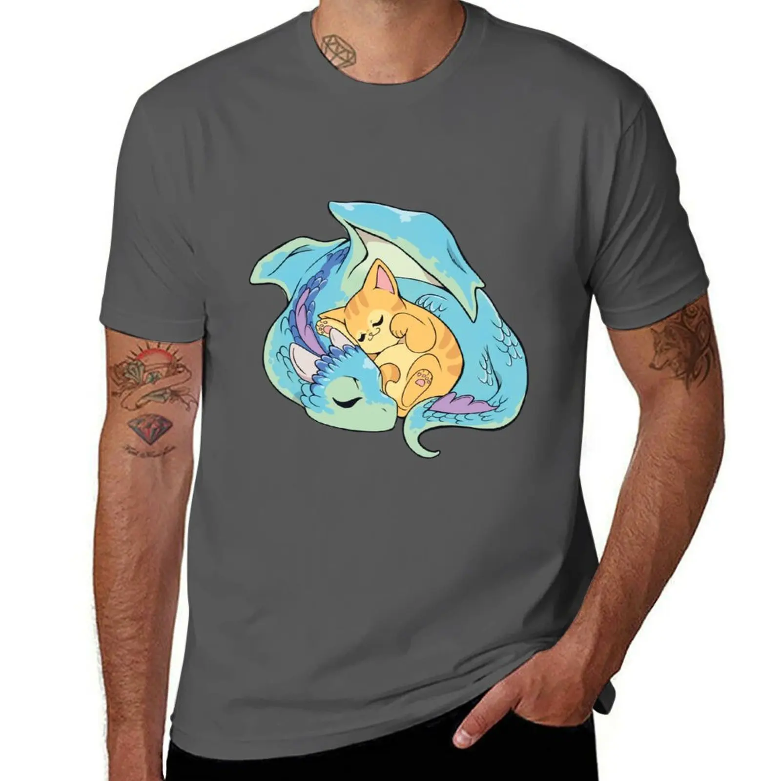 

Sleeping dragon and kitty T-Shirt man t shirt Short sleeve tee plain white t shirts men