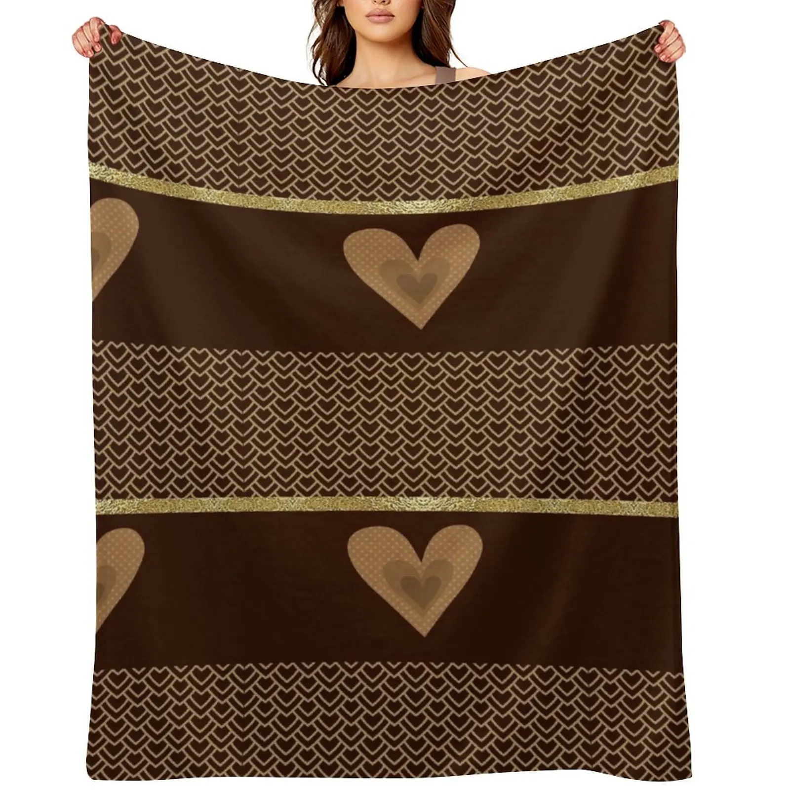 

Beautiful hearts in brown and gold colors Throw Blanket Polar warm for winter Soft Plush Plaid Plush Blankets