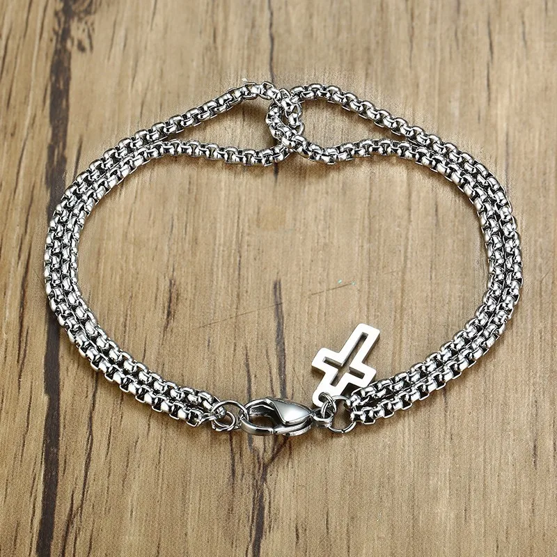 Double Strand Rolo Chain with Cross Charms Bracelet for Men Stainless Steel Lobster Claw Clasp Closure