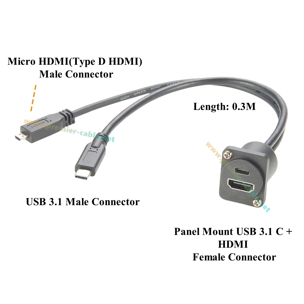 D Type USB 3.1 C & HDMI to Type C Micro HDMI Extension Cable 10G 4K@30hz Chassis Panel Mount Male to Female for Raspberry Pi