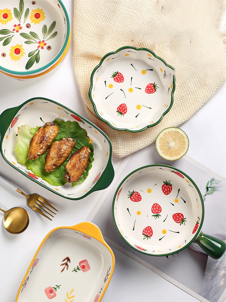 Binaural Ceramic Rectangular Baking Plate Cheese Baked Rice Plate Household Salad Plate Cute Printed Baking Bowl Utensils
