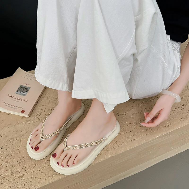 

Женские шлепанцы, летние сандалии на плоской подошве, Нескользящие, с цепочкой, пляжные тапочки