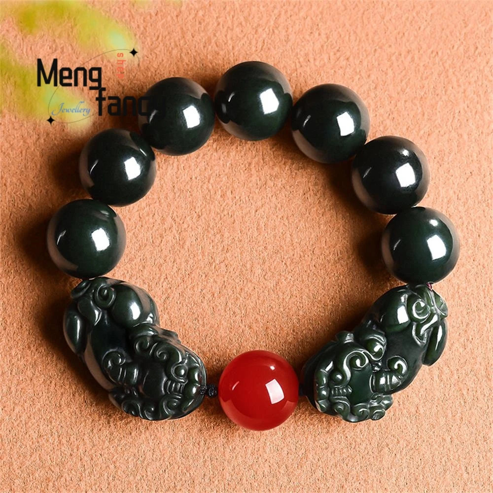 

Authentic Natural Hetian Qingyu Double Pixiu Buddha Bead Jade Bracelet High-end Classy Luxury Fashion Jewelry Fine Holiday Gifts