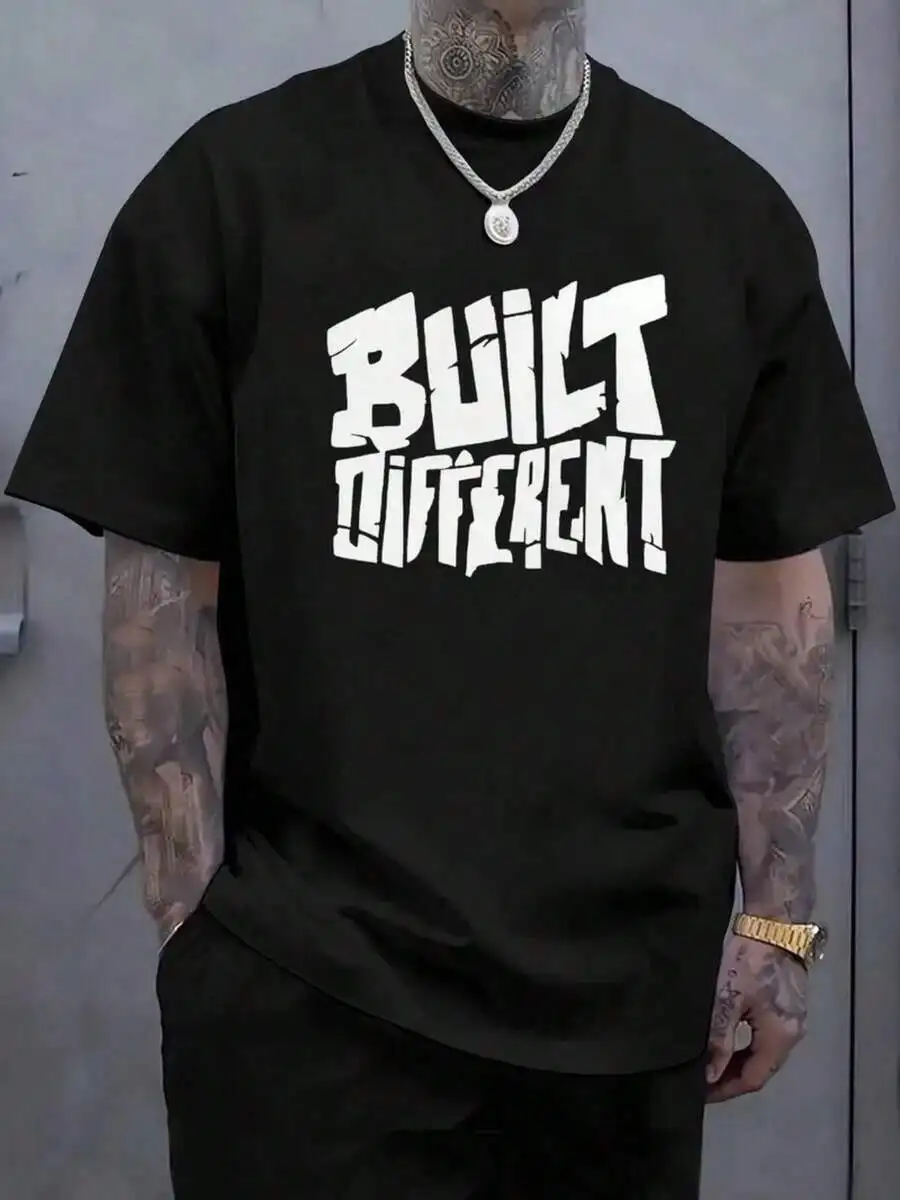Men's Oversized 'Built Different' T-Shirt - Black & White Chest Print, Breathable Streetwear Tee, Oversized Short Sleeve Crew Ne