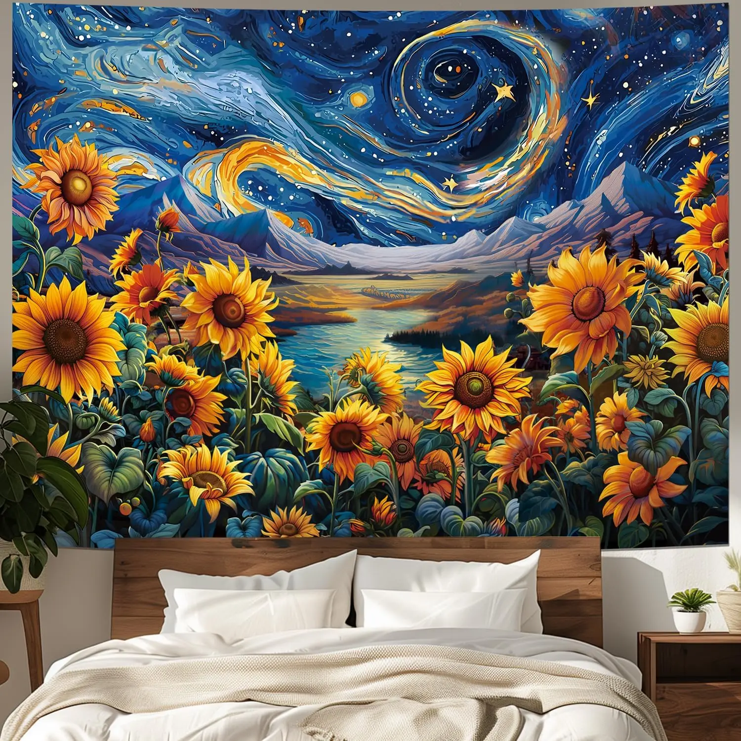 Sunflower Starry Sky Tapestry Galaxy Space Wall Tapestries psychedelic Mountain River Tapestries Fantasy Landscape Tapestry for