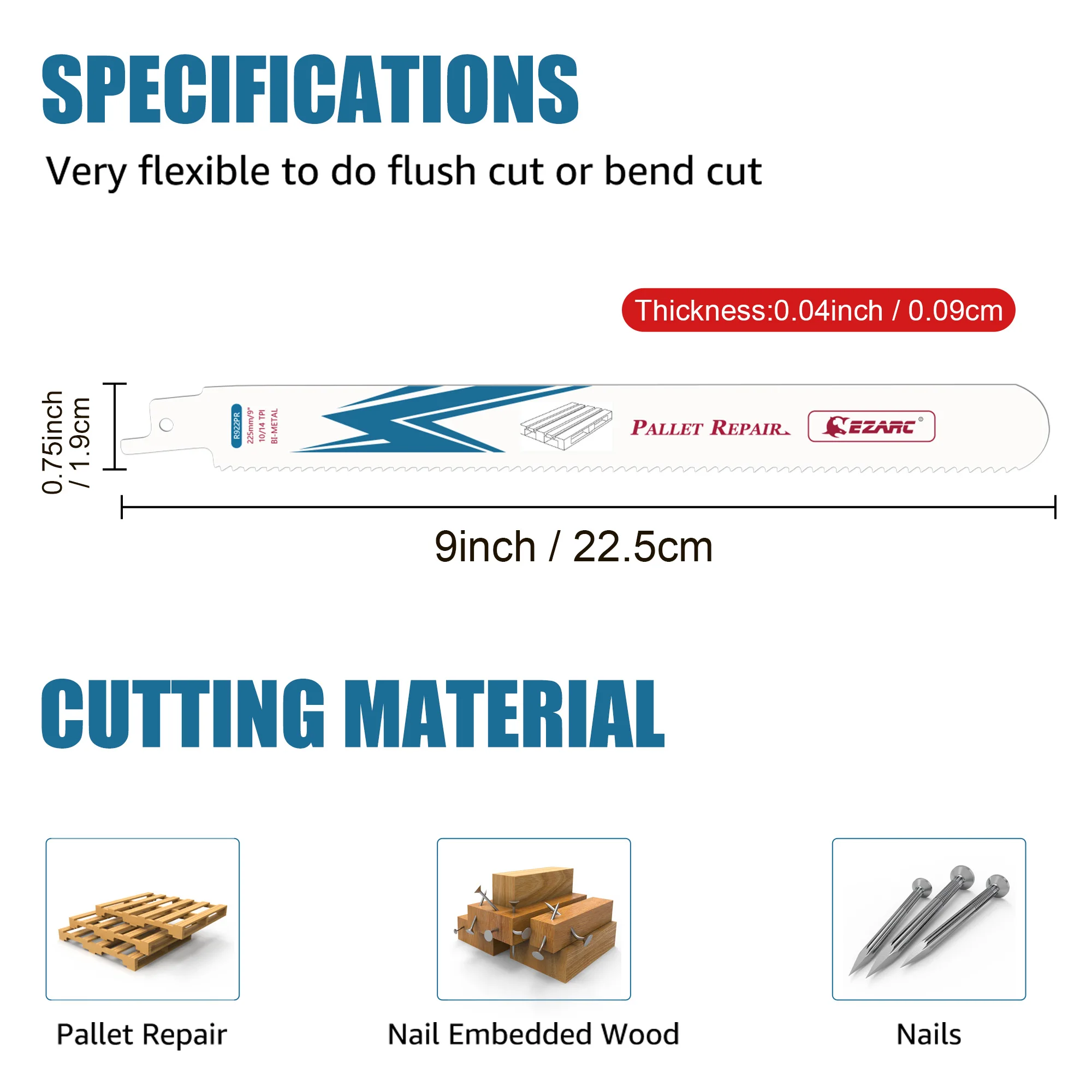 

10 шт., 9 дюймов (225 мм), пилы для ремонта поддонов, биметаллические, 10/14TPI, с кобальтовыми лезвиями для сноса по дереву с гвоздями