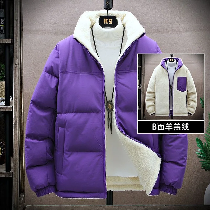 Autumn and Winter Fashion Solid Color Thickened Warm Lambswool Cotton Jacket Men's Casual Loose Outdoor Sports Windproof Coat