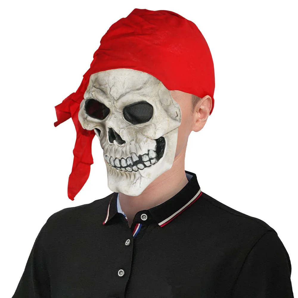 Halloween Skelett-Kopfmaske mit Rotem Kopftuch, Realistische Geister-Piraten-Maske, Geister-Piraten-Cosplay-Kostüm – Detail 3