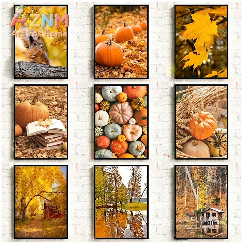 Autumn Yellow Leaves Fall View Landscape Wall Art Print Canvas Painting Pumpkin Halloween Poster Picture Living Room Home Dec