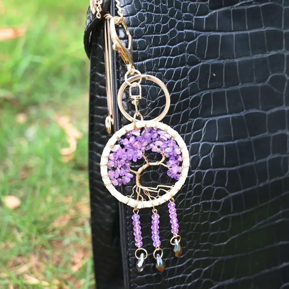 Charm Crystal Dreamcatcher Keychain Handmade Car Hanging Tree of Life Ornament Boho Car Pendant Home Decor