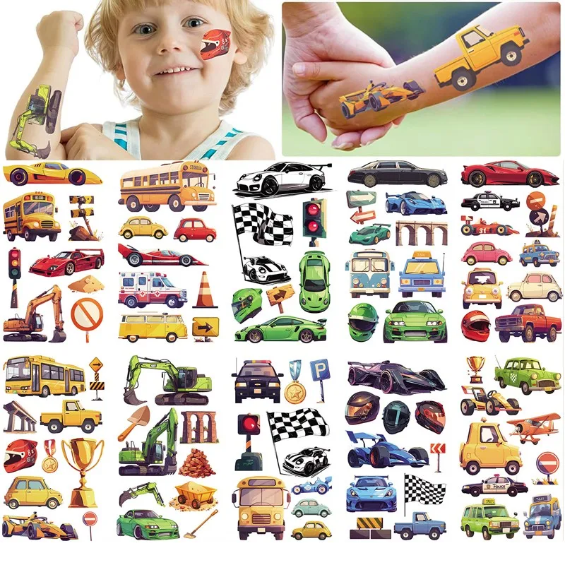 Impermeável Cartoon Car Tatuagem Temporária Adesivos, Ônibus escolar bonito, Escavadeira, Crianças Engraçado Presente de Aniversário, Novo, 10Pcs