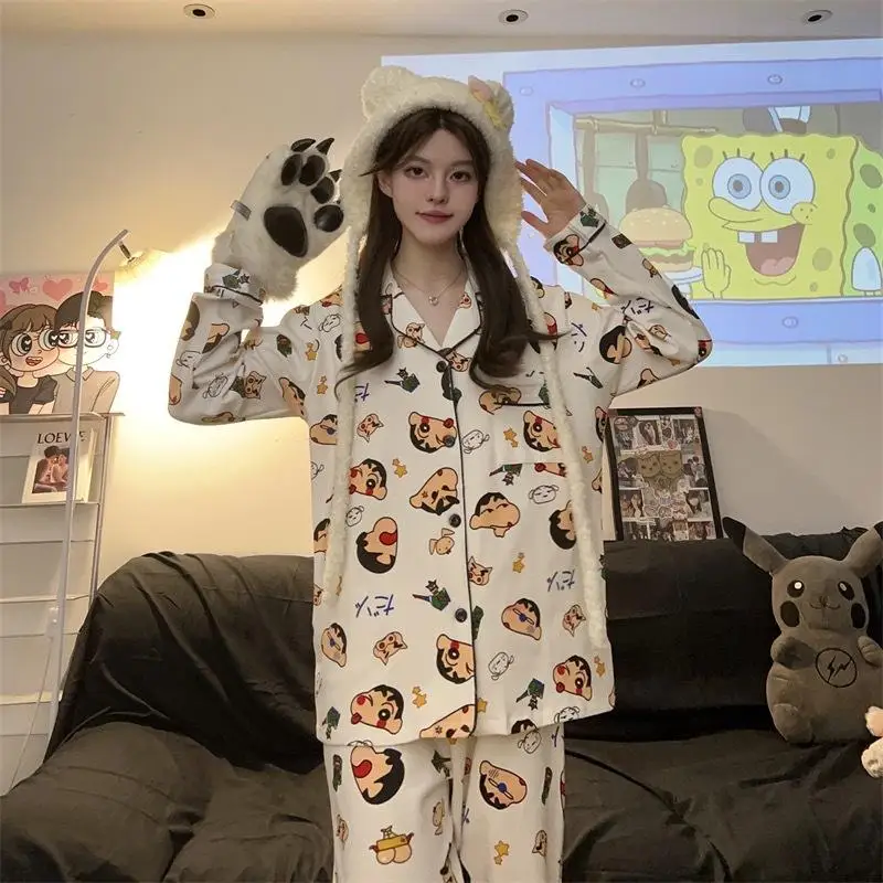 Kawaii Cute Crayon Shin Chan Pajamas Long Sleeved Pants Ins Students Loose Comfortable Leisure Cartoon Anime Birthday Girl Gift